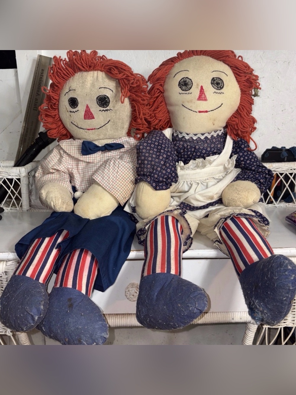 VTG LARGE Raggedy Ann and Andy Hand Made Rag Dolls 35” Matching Clothing
